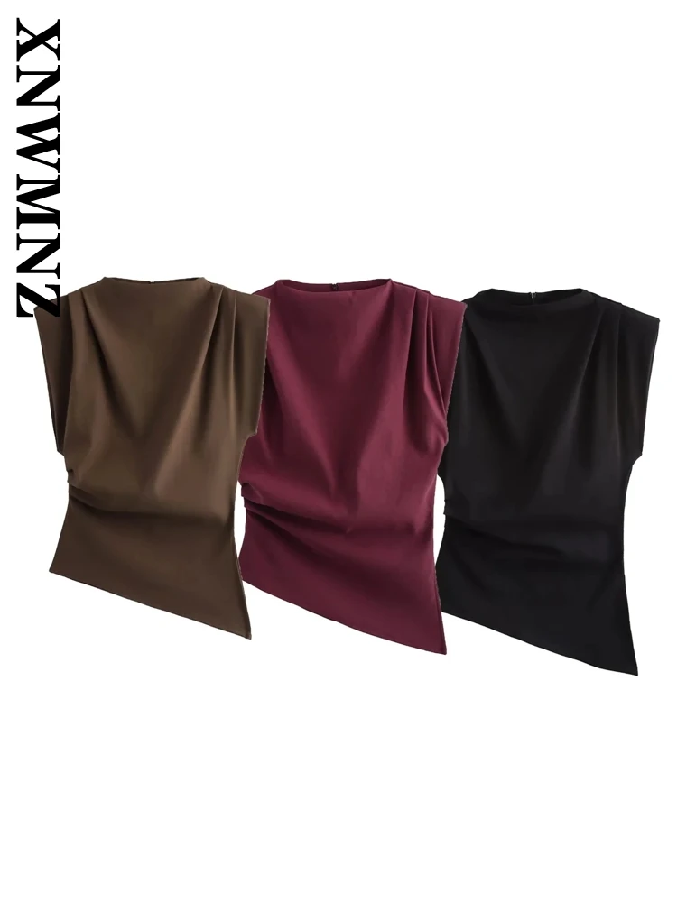 XNWMNZ 2024 New Summer Woman Elegant O-Collar Solid Color Sleeveless asymmetrical Top Female Casual Ruffles zipper Blouses Vest