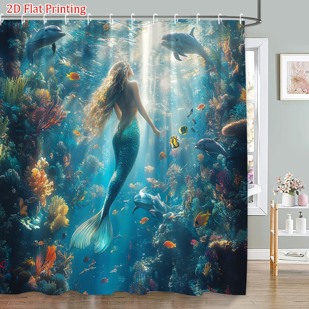 2D Flat, 2D Flat, 1pc 2D Flat Mermaid Ocean Shower Curtain Featuring Golden Hair, Green Tail, Coral, Dolphins, And Sunlight, Mad