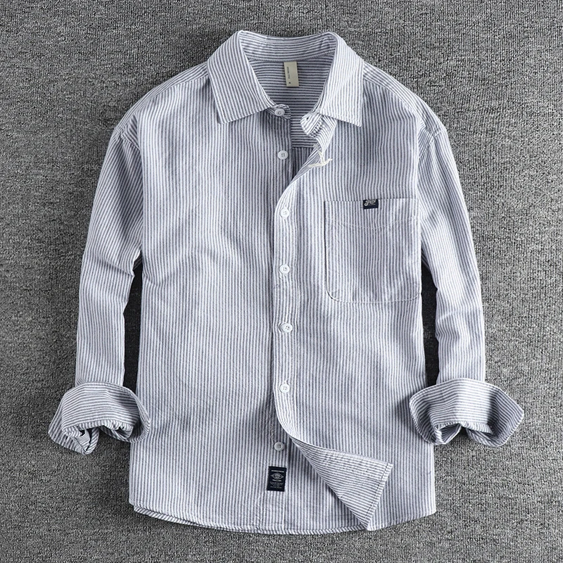 100% cotton spring new retro trend men's striped long-sleeved shirt Simple pocket art commuter casual all-in-one shirt