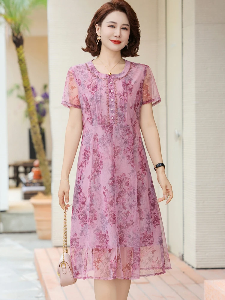 ママのためのエレガントなサマードレス中年および高齢女性向けネットショートスリーブ高品質ポリエステル繊維ラウンドネックドレス