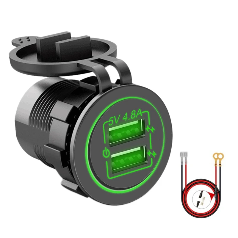 Dual USB Socket Outlet Press Switch 5V 4.8A Fast Charge Waterproof with Wire Fuses for Car Boat Motorcycle(Green LED)