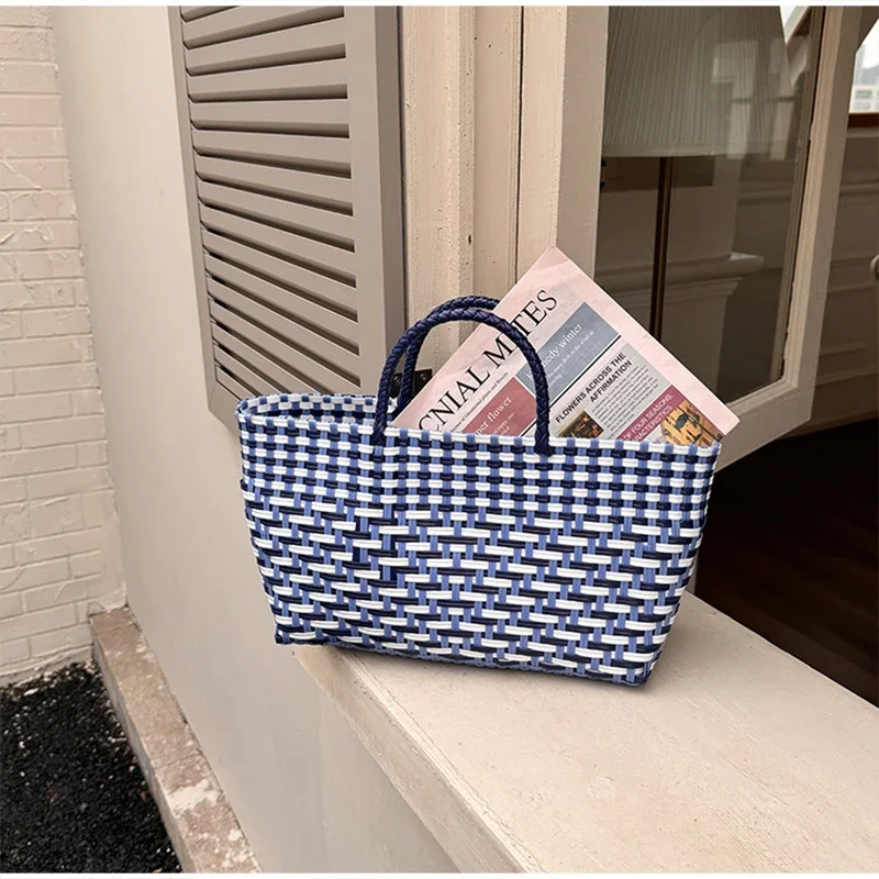 Handgefertigte Colorblock-Webtasche, Damen-Sommer-Tragetasche, Sommer-Einkaufstasche für Strandurlaub, Picknick, Haustiertransport – Detail 10