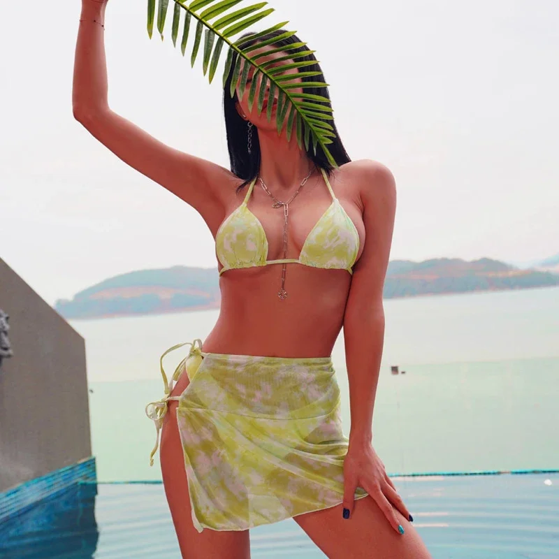 

3 Pieces Set Swimwear Women Sexy Lace-up Micro Bikini Set With Skirt Low Waist Swimsuit Beachwear Bathing Suit 2025 New Style