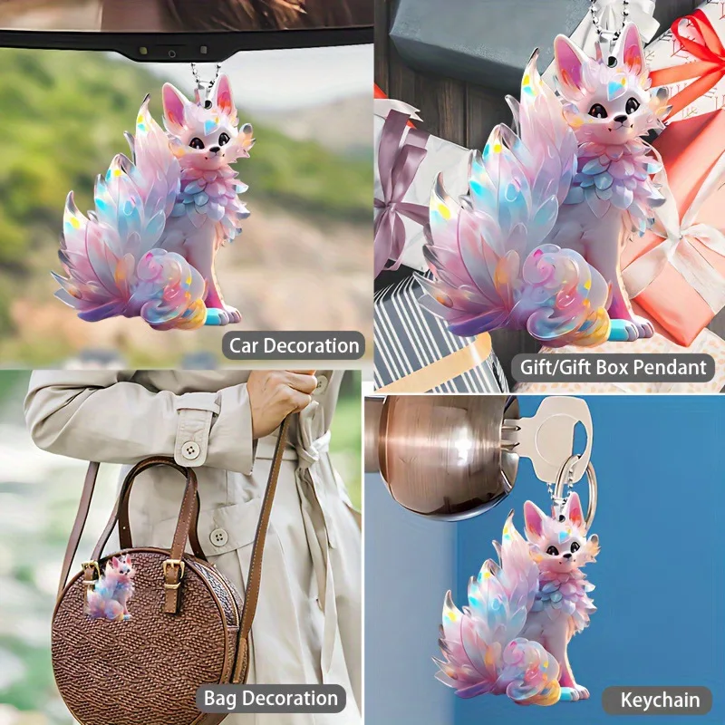 Cute Colourful Fox 2D Acrylic Flat Keychain Backpack Car Hanging Animal Keyring Car Decor Hanging For Car Rear-view Mirrors