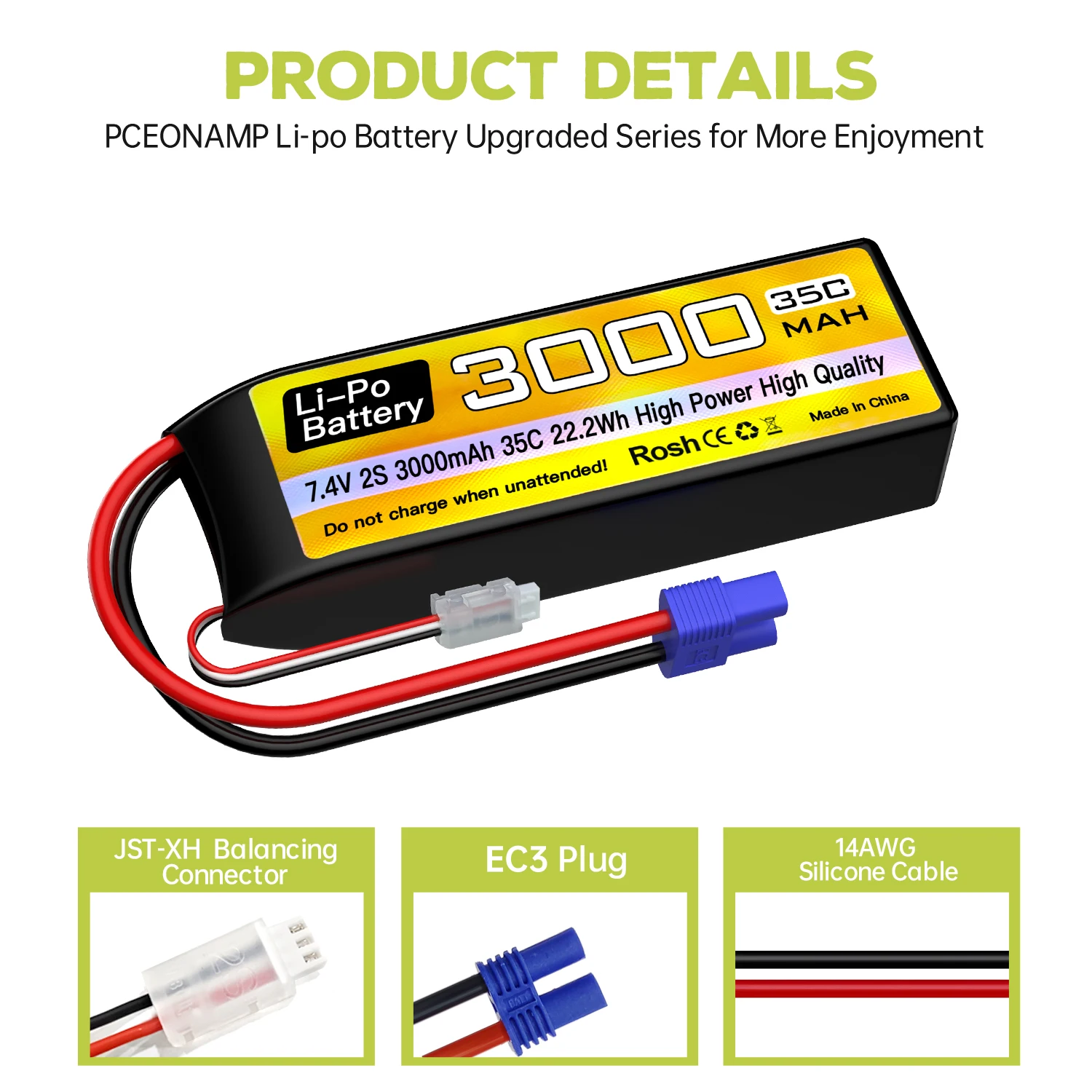 Bateria lipo 2s 7.4v 3000mah 35c com cabo de carregamento usb para carro rc, caminhão, navio rc, quadricóptero aeronave rc fpv drone bateria