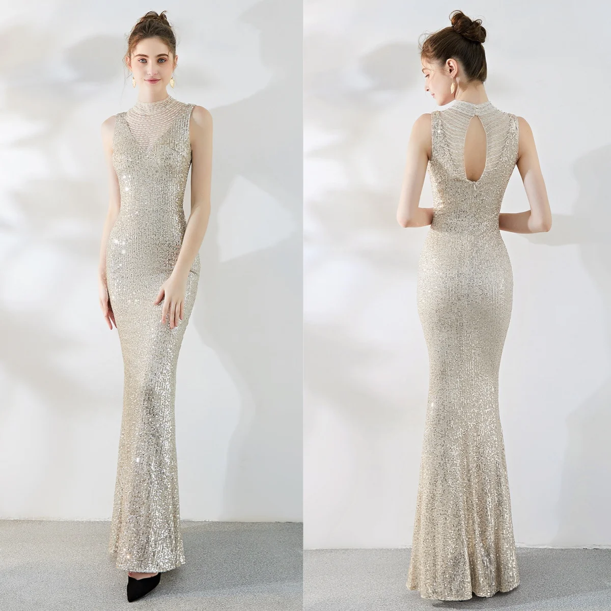 

Evening Dress Champagne Sequins Stretchy High Collar Beads Zipper Mermaid Trumpet Floor Length Women Party Formal Gown YE246