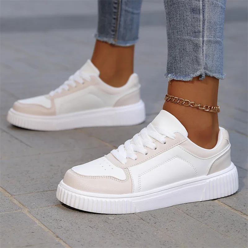 

Women Casual Shoes Outdoor Female White Flat Board Shoes PU Leather Lace Up White Sneakers Walking Thick Sole Luxury Fashion