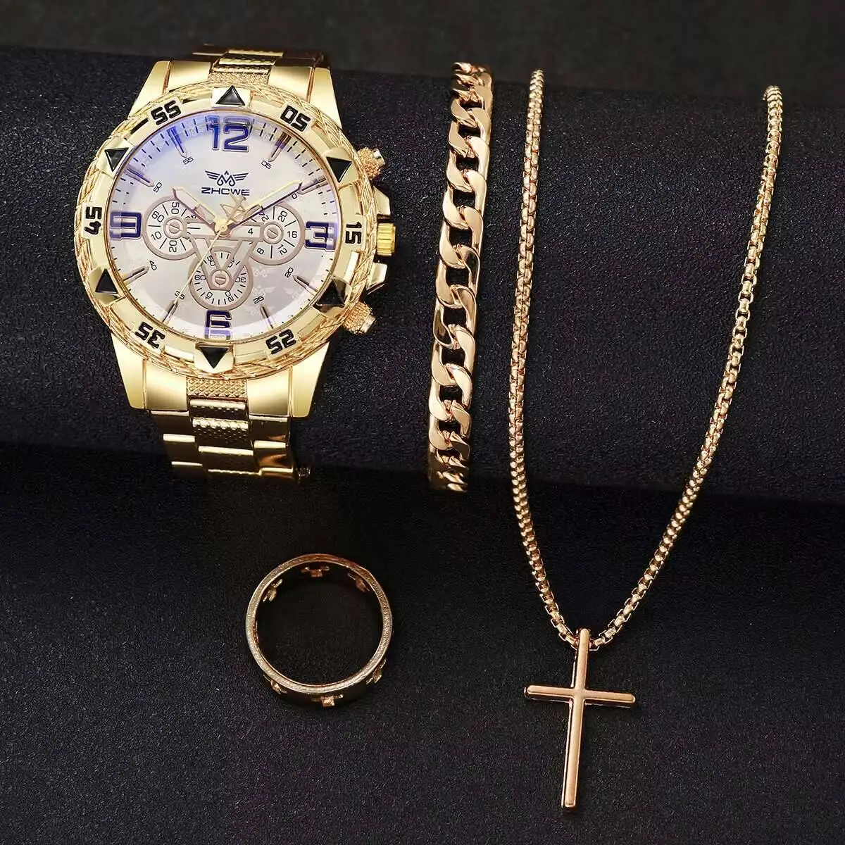 4PCS Fashion Business Men Watches Large Dial Male's Analog Quartz Watch Clock Jewelry Set Reloj Hombre（Without Box）