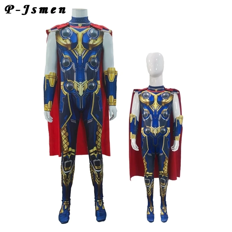 P-Jsmen Thor Love and Thunder Cosplay Costume TV&Movie Superhero Suit Halloween Felt Sleeves Costumes with Cape for Kids Adult