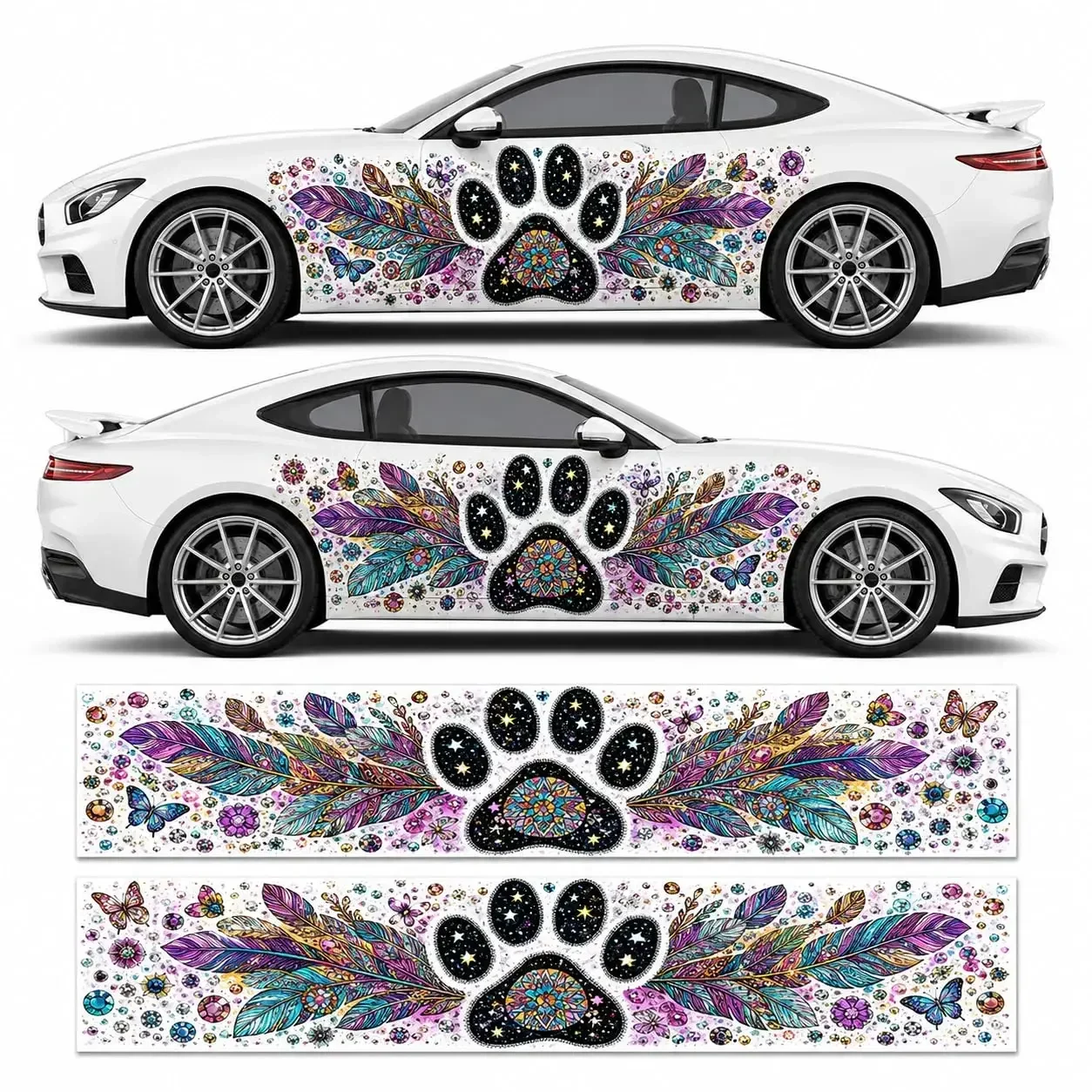 2Pcs Colorful Paw Print Pop Art Large Car Side Decals, Vivid Color Waterproof Sunproof Vinyl Graphics,