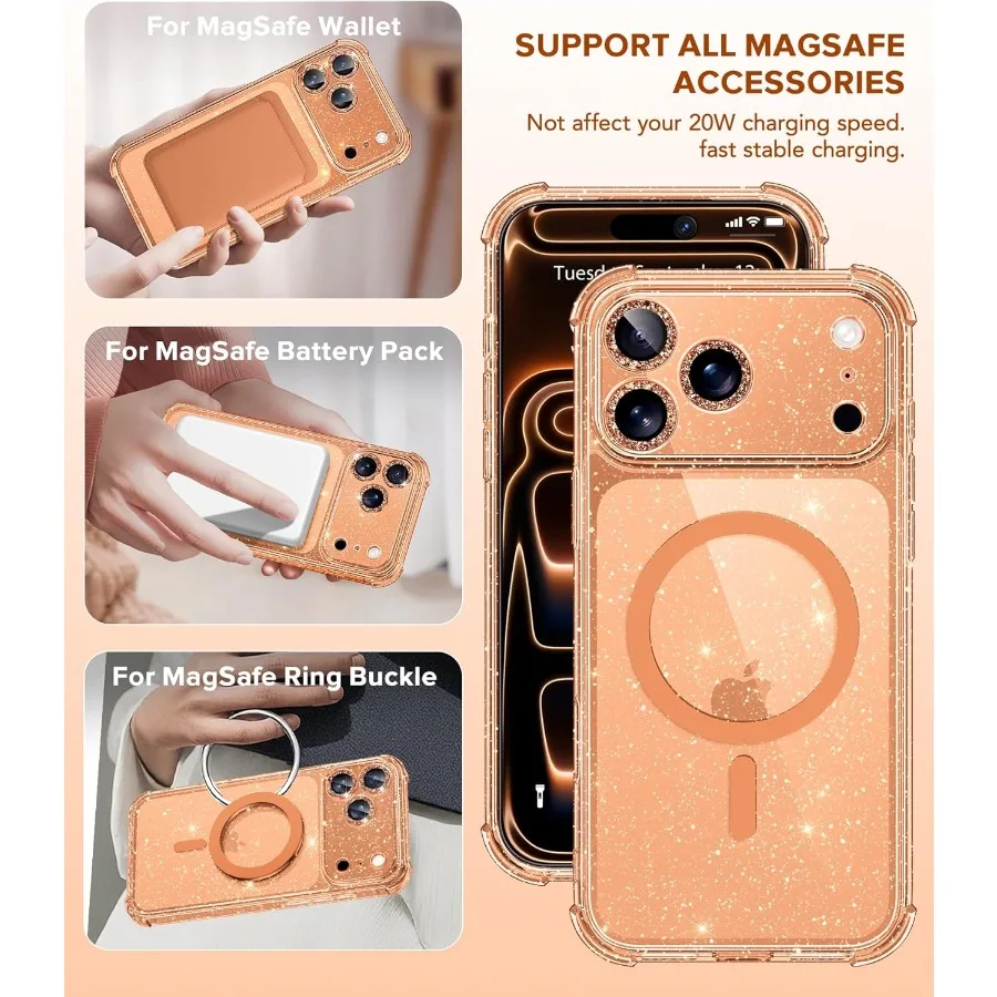 Sparkle oranje helder glitter schokbestendig beschermhoesje voor iPhone 17 Pro dames compatibel met MagSafe anti-vergeling ontwerp