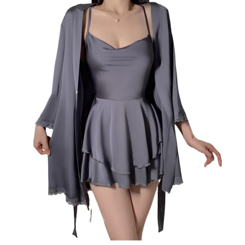 Comfortable Silky Satin Sexy Swinging Collar Women's Suspender Nightdress Robe Loungewear Set 2026 Smooth and Soft Underwear