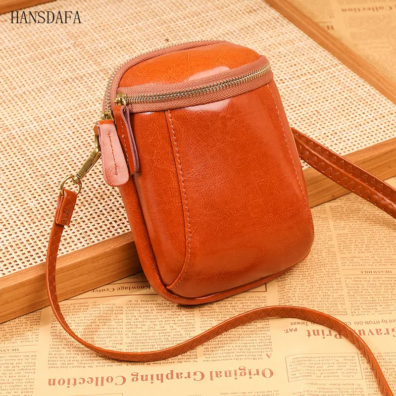 Vintage Oil Wax Cow Leather Shoulder Crossbody Bag for Women High Quality Genuine Leather Mini Ladies Mobile Phone Bag and Purse