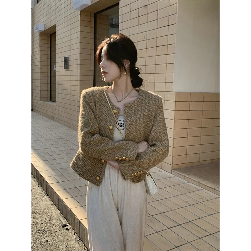 Vintage Tweed Jacket Women Cropped Quilted Coat Winter Korean Luxury Chic Outerwear Elegant Ladies Single Breasted Blazer New