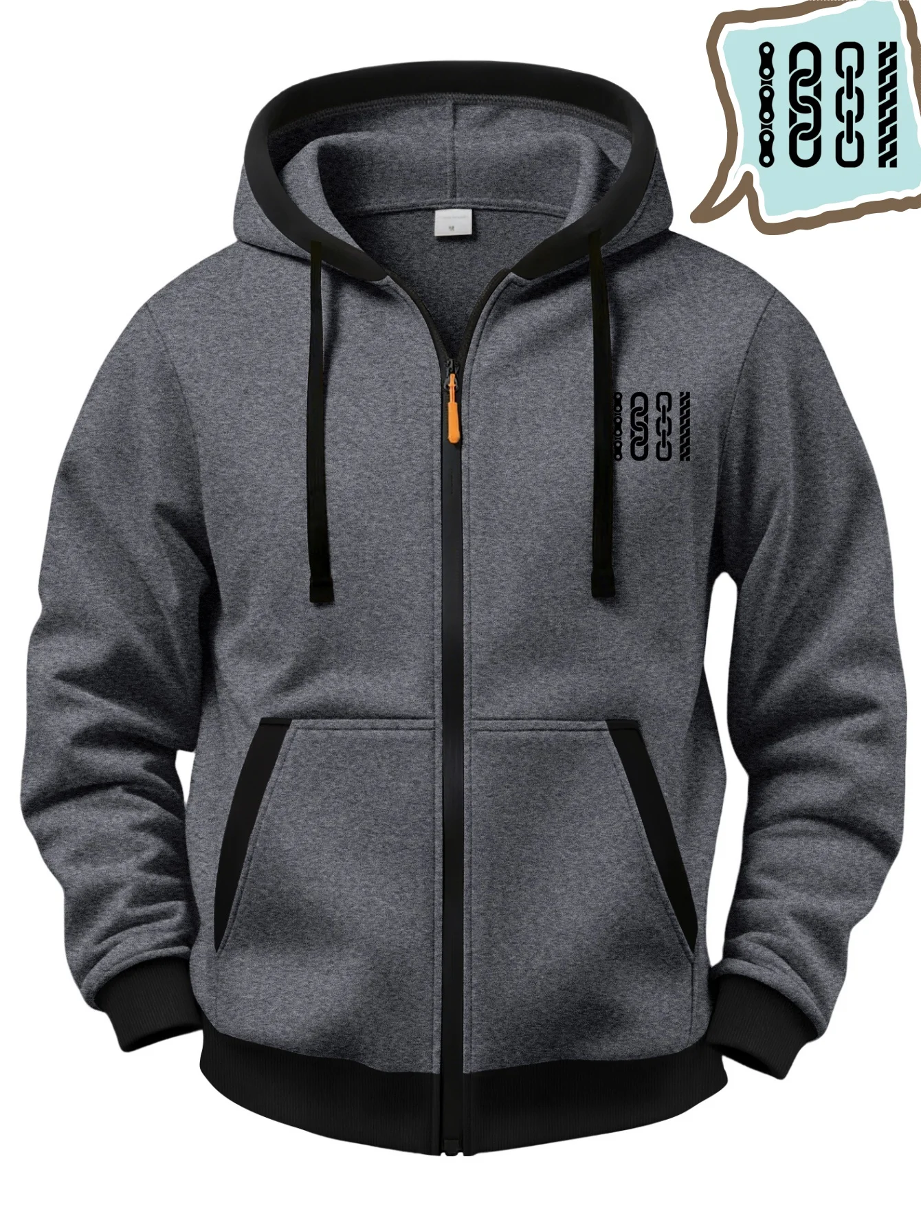 Men's Color-Block Hooded Cardigan College Style Sweatshirt Casual Fashion Jacket Trendy Black Chain Print Fleece-Lined Warm Autumn and Winter Long-Sleeve Top