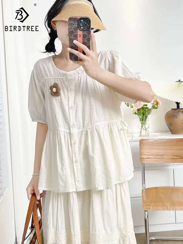 

New 2025 Summer Cotton Short Sleeve Shirt, Women O Neck Embroidery, Mori Girl French Commute Age Reduction Loose Blouse T57150CC