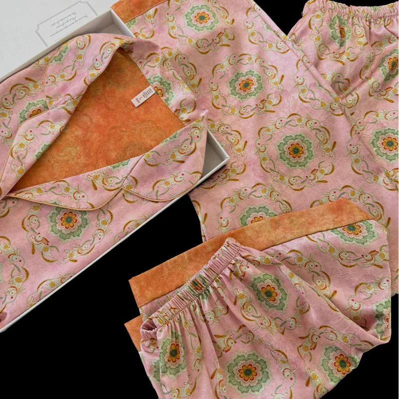 2026 Spring Summer Pink Women's Pajamas Ice Silk 3Piece Set Short Sleeve Pants Chinese Style High-End Homewear Nightgown Nighty