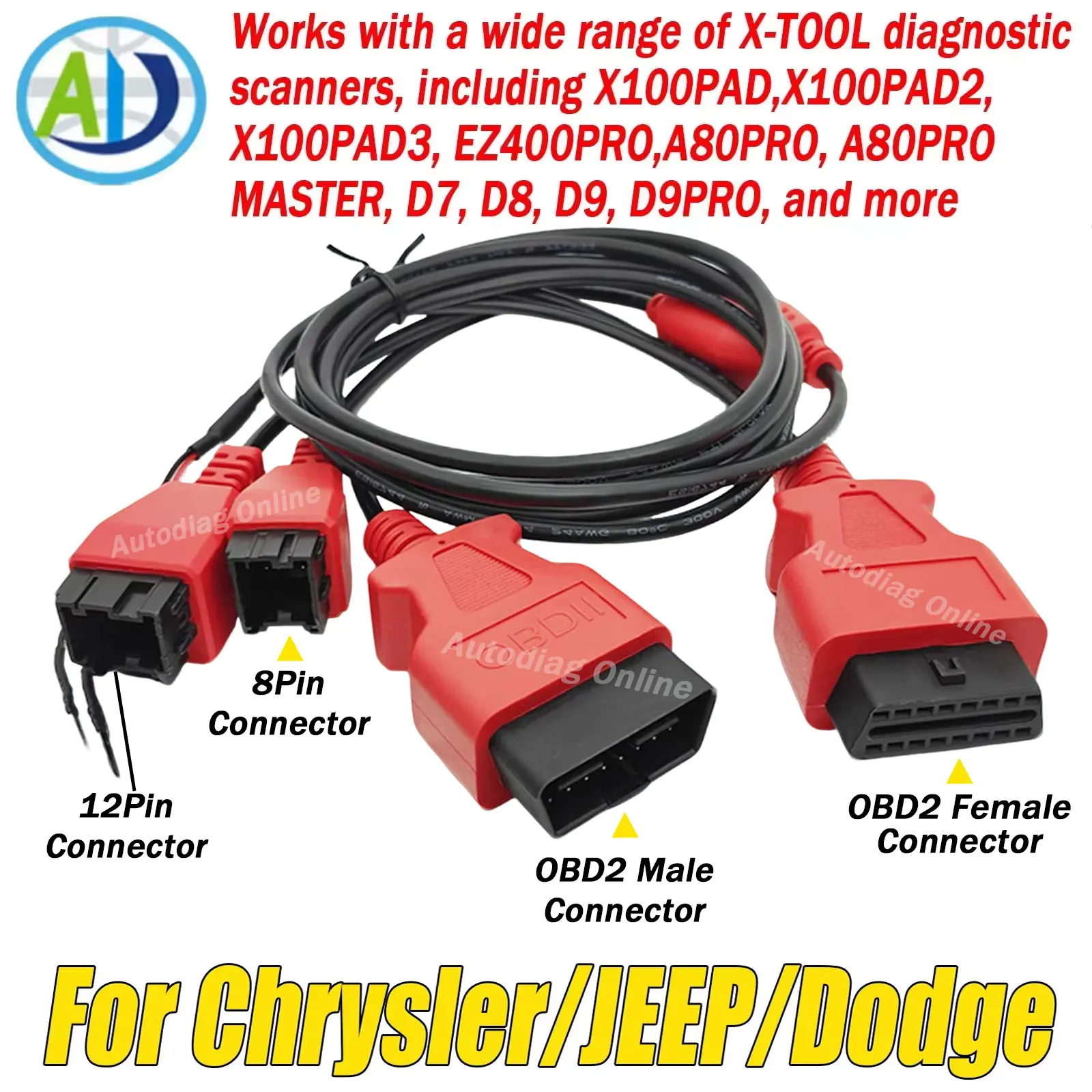 OBD2 Adapter Cable For XTOOL Scanner 16pin to 16/8/12 pin For Chrysler/JEEP/Dodge Vehicles 3 in 1  OBD2 Diagnostic Cable For FCA