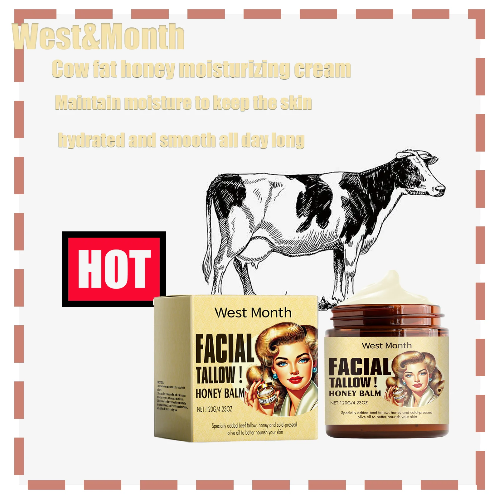 120g Tallow Honey Moisturizing Cream - Hydrating, Nourishing & Soothing Body Lotion Dry Skin Leaves Skin Soft & Supple