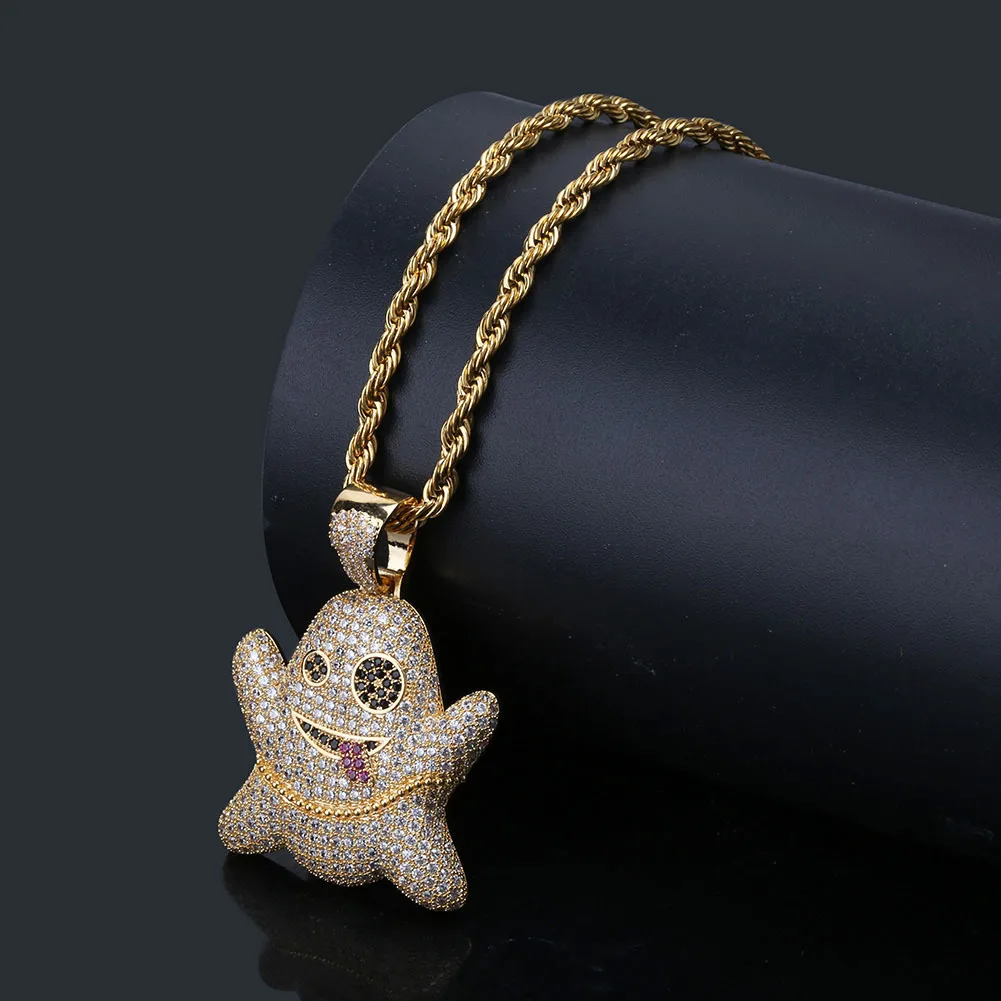 HOT Ghost Spit Tongue Funny Pendant Zircon Full Chain Necklace Stainless Steel Braided Long Jewelry HipHop
