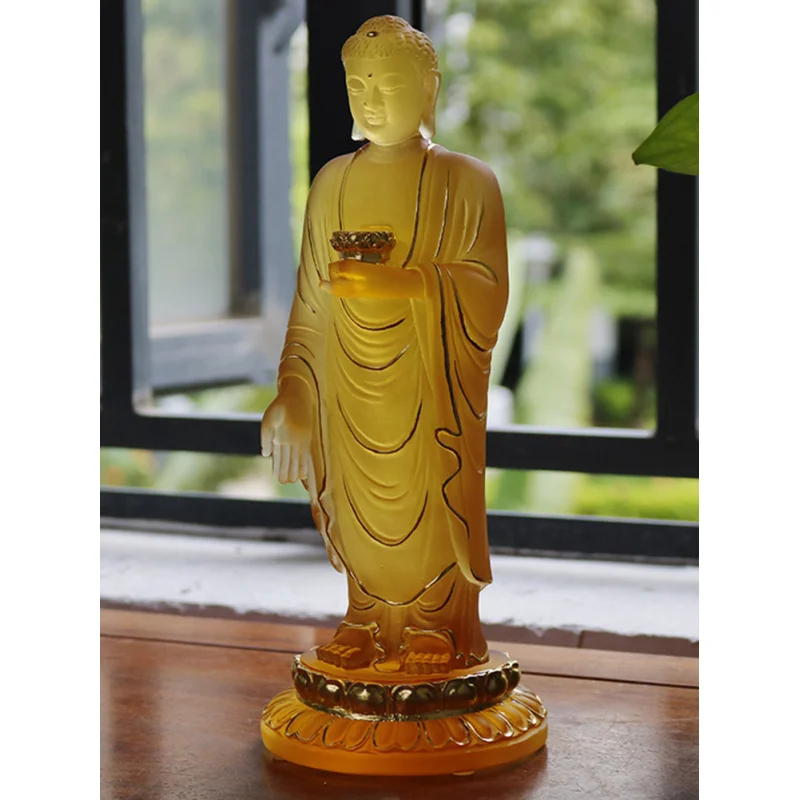 Ancient Glazed Namo Amitabha Standing Statue Lushan Donglin Buddha with Real Gold Imitation Antique