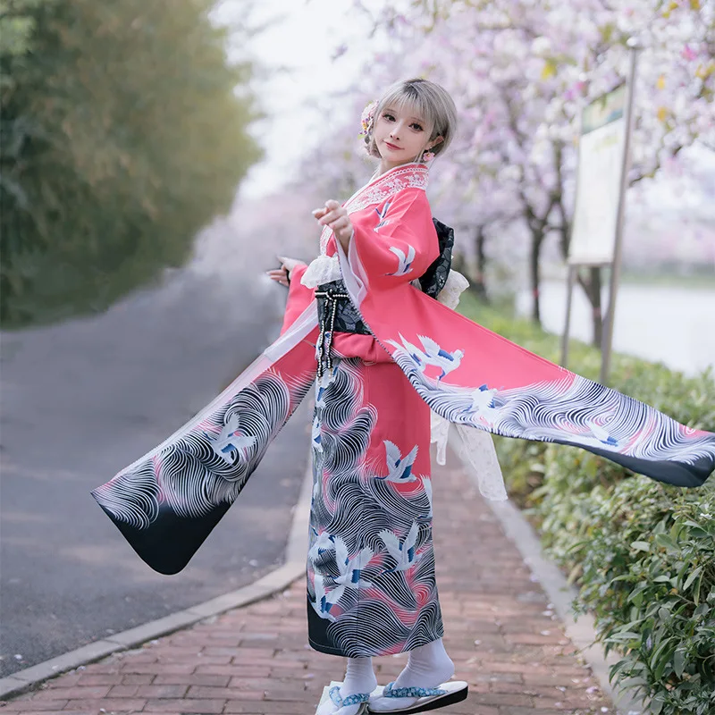 Fashion National Trends Women Kimono Costume Sets 9 Piece Yukata With Obi Novelty Evening Dress Japanese Cosplay Costume Floral