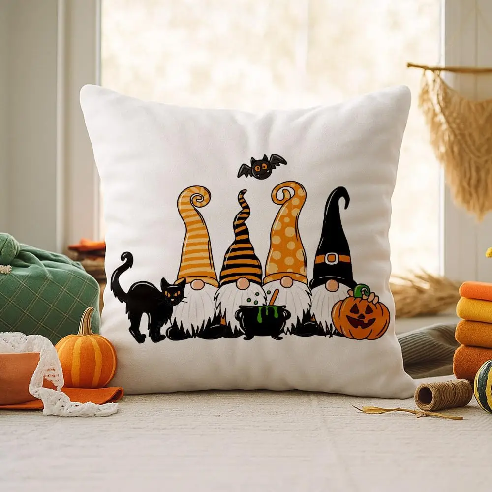 Cute Halloween Gnome Throw Pillow Cover – 18x18 Decorative Throw Pillow with Black Cat, Pumpkin, Witch Hat, Fall and Halloween D