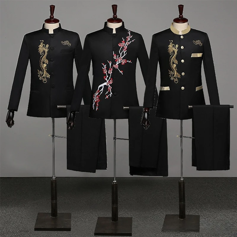 Chinese-style Men's Black Two-piece Suit Set, Featuring A White Single-breasted Jacket with A Stand-up Collar and Matching Pants