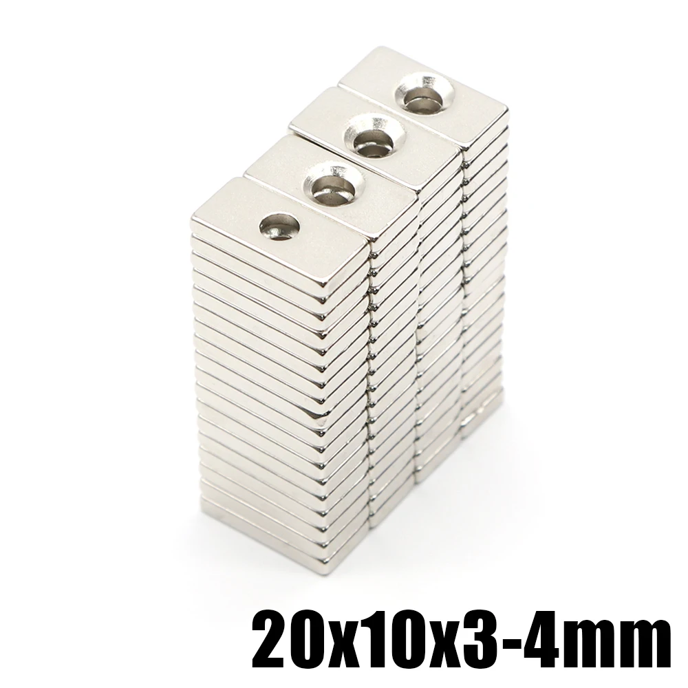 5/10/20/50/100 Pcs 20x10x3-4 Block NdFeB N35 Neodymium Magnet Super Powerful imanes Permanent Magnetic 20 x 10 x3 Hole 4