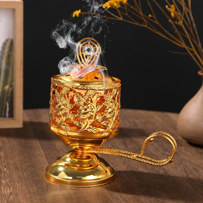 Golden Metal Incense Burner Arabic Handheld Censer Festival Party Decor Charcoal Incense Holder Handcraft Ornament Prop