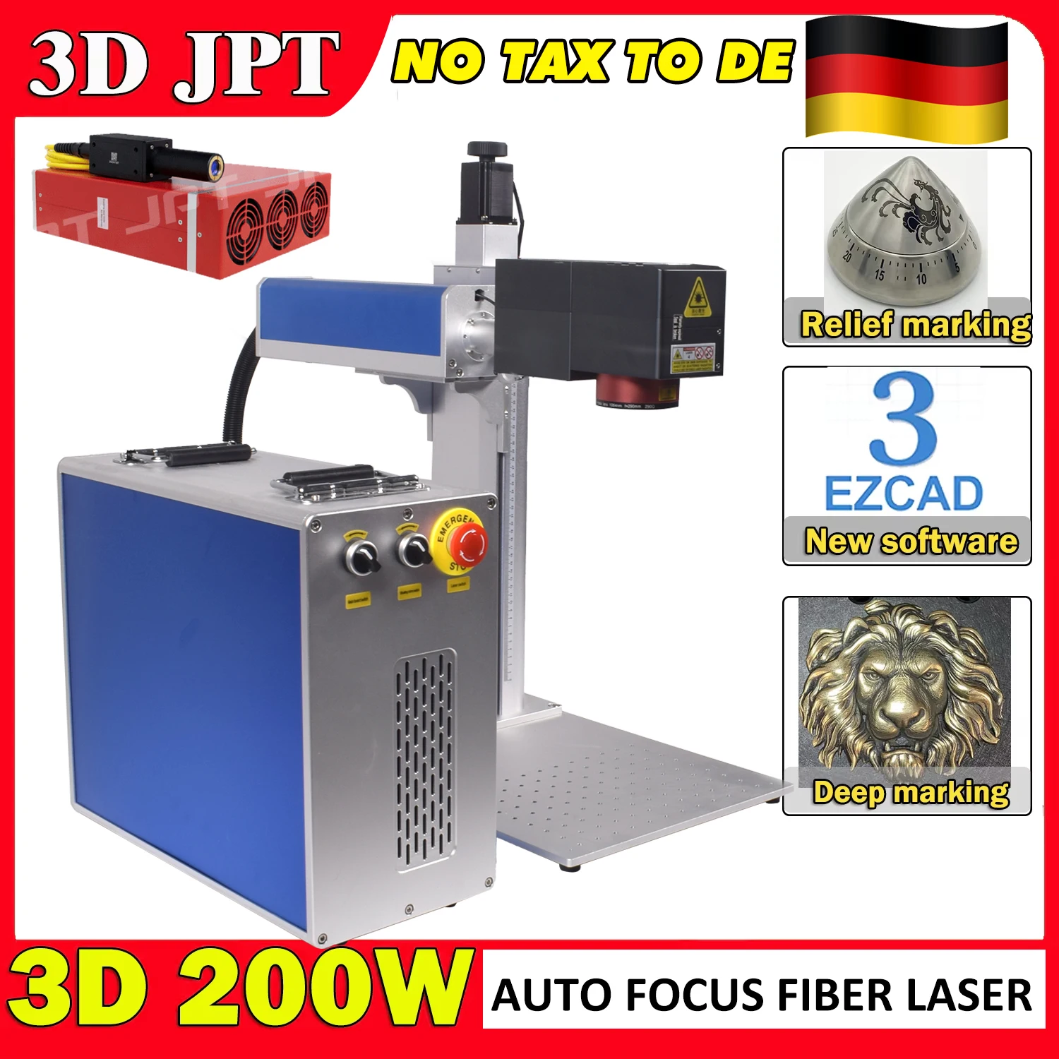3D JPT MOPA 200 Вт Рельефный гравер Волоконный лазер JPT Маркировочная машина EZCAD3 Глубокая резка Гравировка 100 Вт/60 Вт 3D Металлическая рельефная маркировка