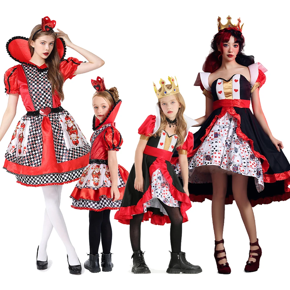 

Girl Princess Dress Red Heart Queen Poker Print Dress Alice in Wonderland Role Playing Clothes Halloween Parent-Child Costume