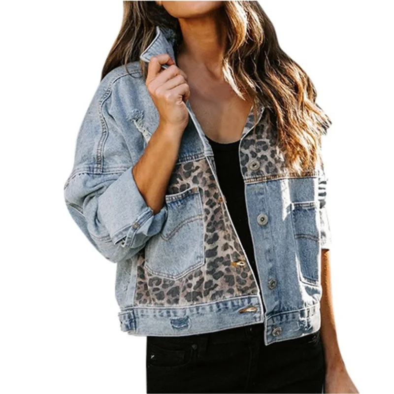 

Spring 2024 Women Jacket Tops Leopard Denim Jacket Loose Long Sleeved Lapel Single Breasted Jackets Pockets Fashion Outerwears