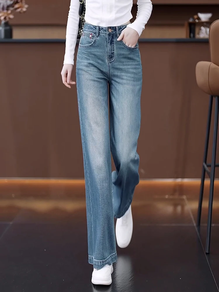 

Retro Light Blue Wide Leg Denim Jeans Women's Spring Autumn High Waist Slimming Casual Long Loose Straight Tube Pants
