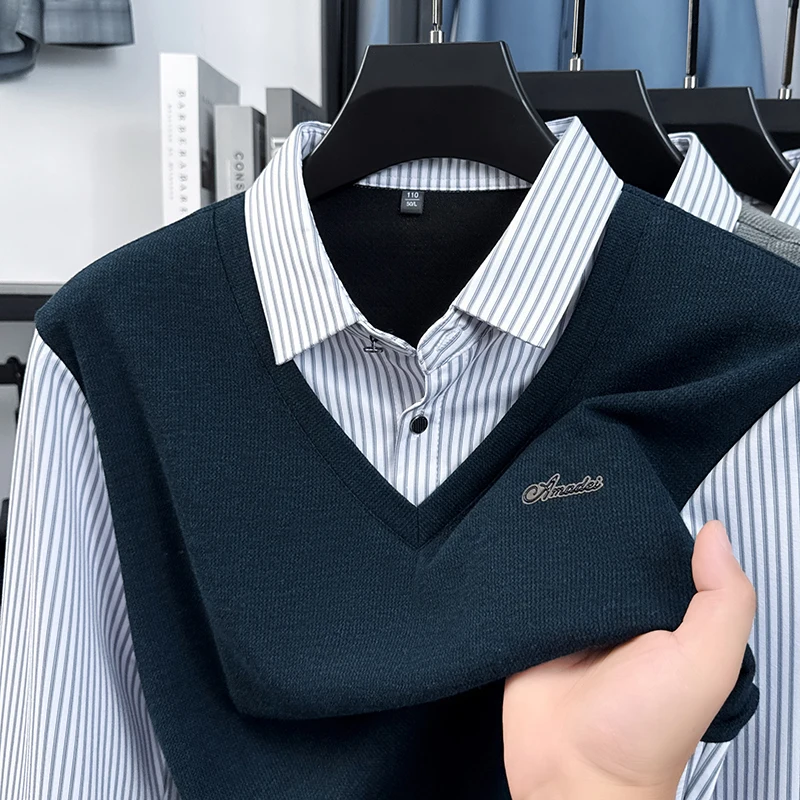 Men's Fake Two-piece Long Sleeved Shirt Collar Sweater, Trendy Warm T-shirt for Spring and Autumn/winter, Knitted Base