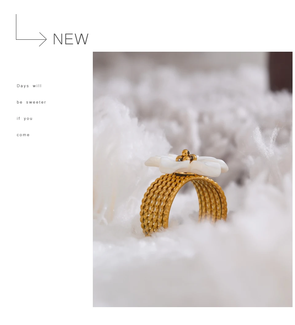 Yhpup Thicker Natural Shell Flower Open Gold Color Ring Fashion Stainless Steel Stylish Exquisite Waterproof Finger Jewelry