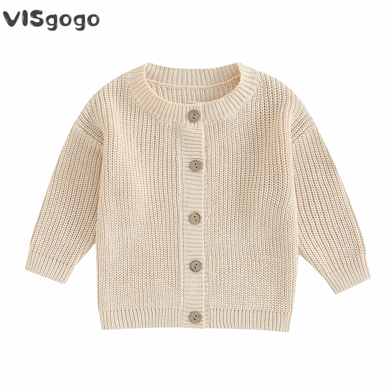 

VISgogo Baby Girls Knit Sweater Cardigan Long Sleeve Round Neck Solid Color Button Down Knitwear Newborn Fall Winter Tops