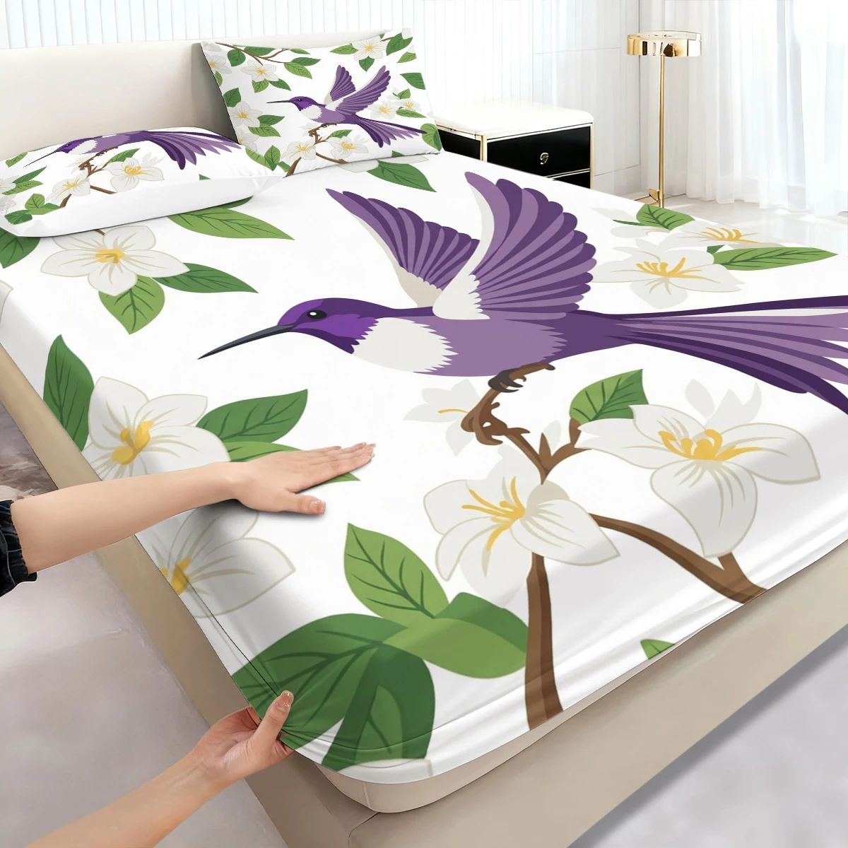 3PCS White Base Purple Hummingbird Fitted Sheet Set, Elastic Mattress Cover with Pillowcases, Jasmine Floral Bedding Decor