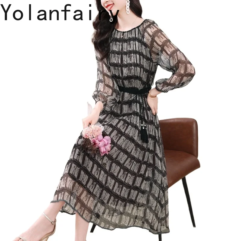 

YOLANFAIRY Элитные платья из 100% натурального шелка тутового шелкопряда для женщин, лето 2026, модное шелковое платье в клетку с эффектом окрашивания, элегантное женское платье