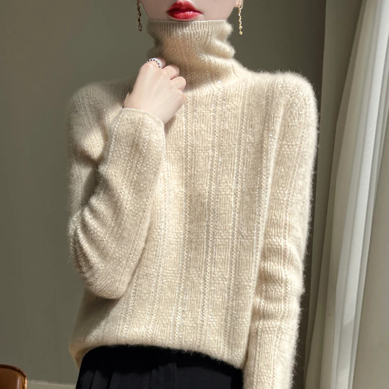 2024 Autumn/Winter Women's High Neck Cashmere Sweater New Solid Color Pullover Loose Top Warm Knitted Wool Bottom Sweater