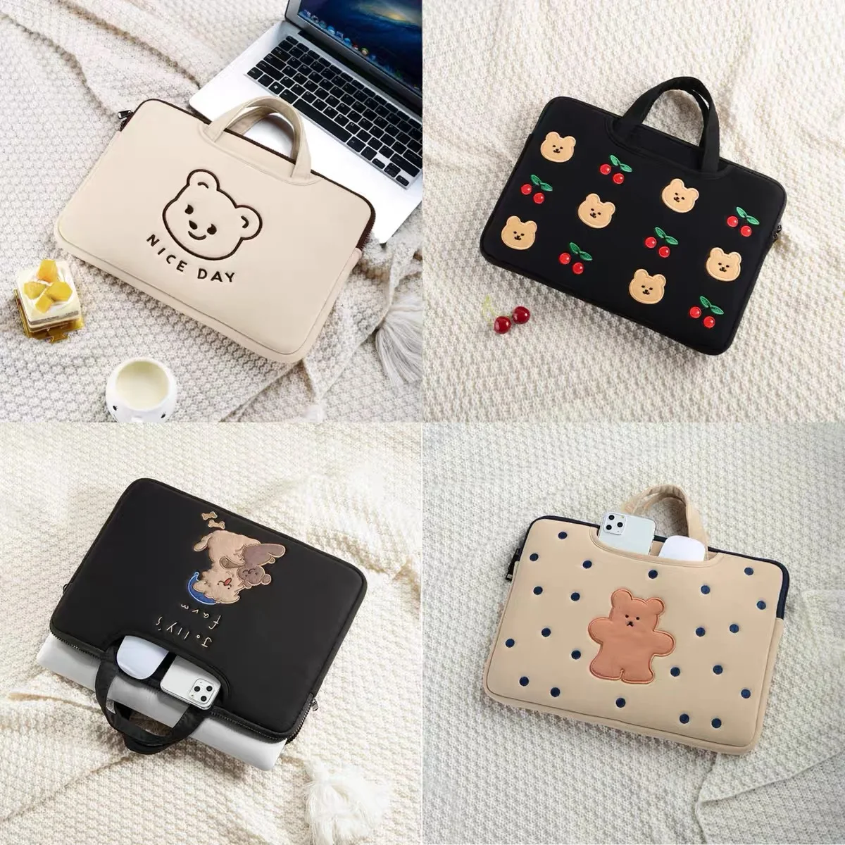 Cute Cartoon Bear Laptop Bag Notebook Sleeves for Macbook Air Pro Hp Lenovo 13 14 15 15.6 16 Inch Laptops Carrying Handbag Case