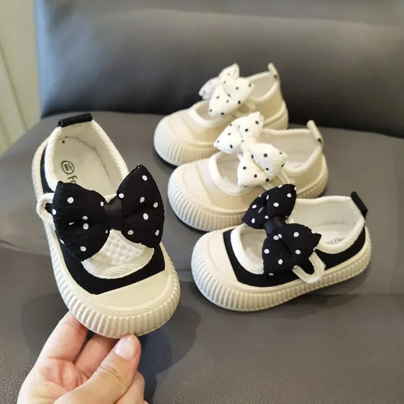 Chaussures en toile avec nœud à pois pour filles, chaussures décontractées pour enfants, semelle souple peu profonde, chaussures de princesse pour tout-petits, baskets plates pour écolières, mode