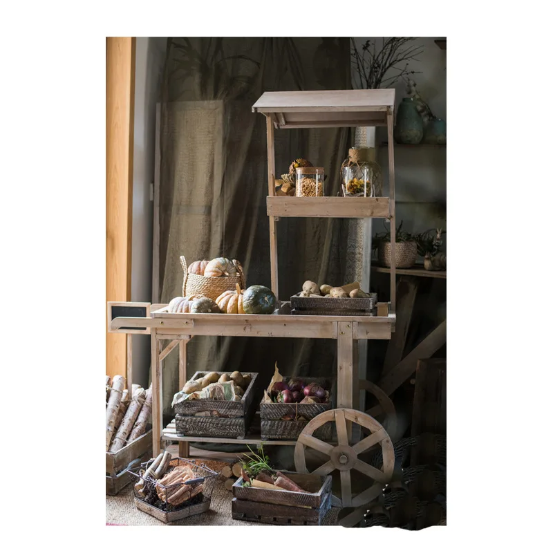 Antique Solid Wood Retail Display Wagon 3 Tier Shelves Rolling Merchandise Stand for Flower Shop Craft Fair Booth Home Entryway