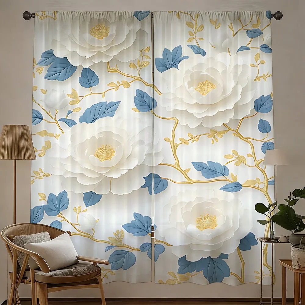 2PCS Digital Printed Curtains, White Flowers Blue Leaves Botanical Contrast, Window Drapes for Living Room Bedroom Home Decor