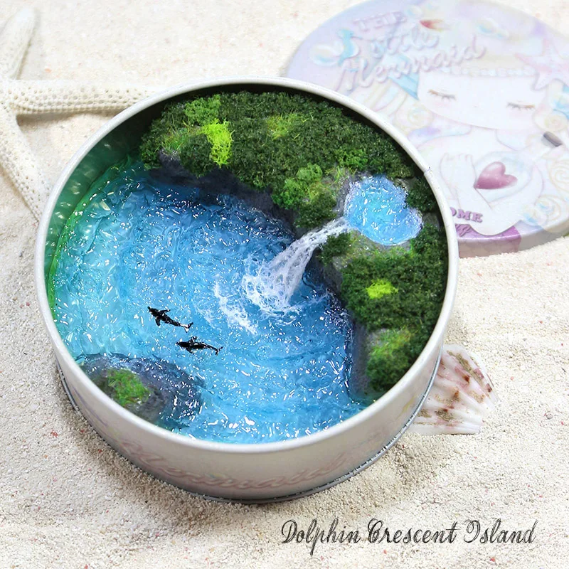 Dolphin crescent island creative iron box miniature landscape simulation ocean waterfall sand table ornament handmade couple gif