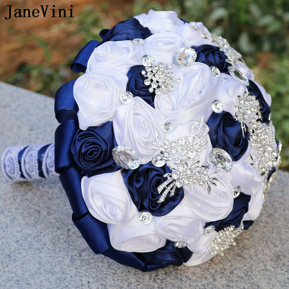 JaneVini Elegant Navy Blue White Wedding Flowers Bridal Bouquets with Crystals Rhinestones Luxury Satin Rose Wedding Bouquet New