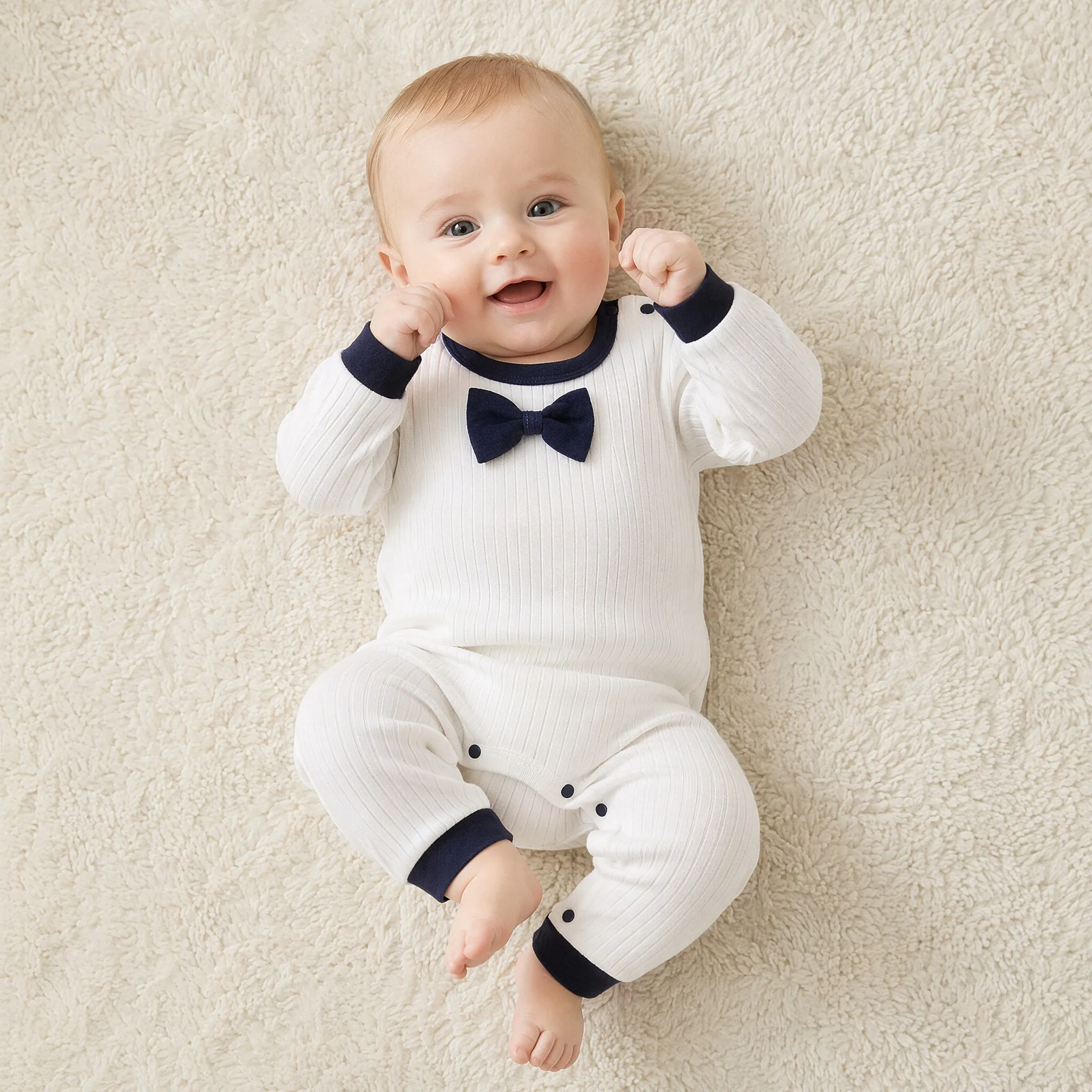 All-Cotton Newborn Baby Romper, Spring and Autumn Thin Style, Long-Sleeve, Turn-Down Collar, Bowknot, Super Cute and Stylish, Breathable