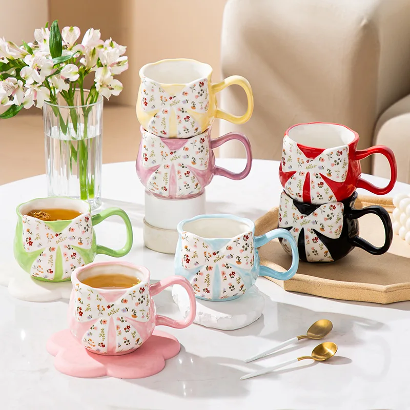 

Creative Ceramic Coffee Mugs with Handle Bows Breakfast Cup Oat Cup Milk Coffee Cup Household Office Drinkware Water Mugs New