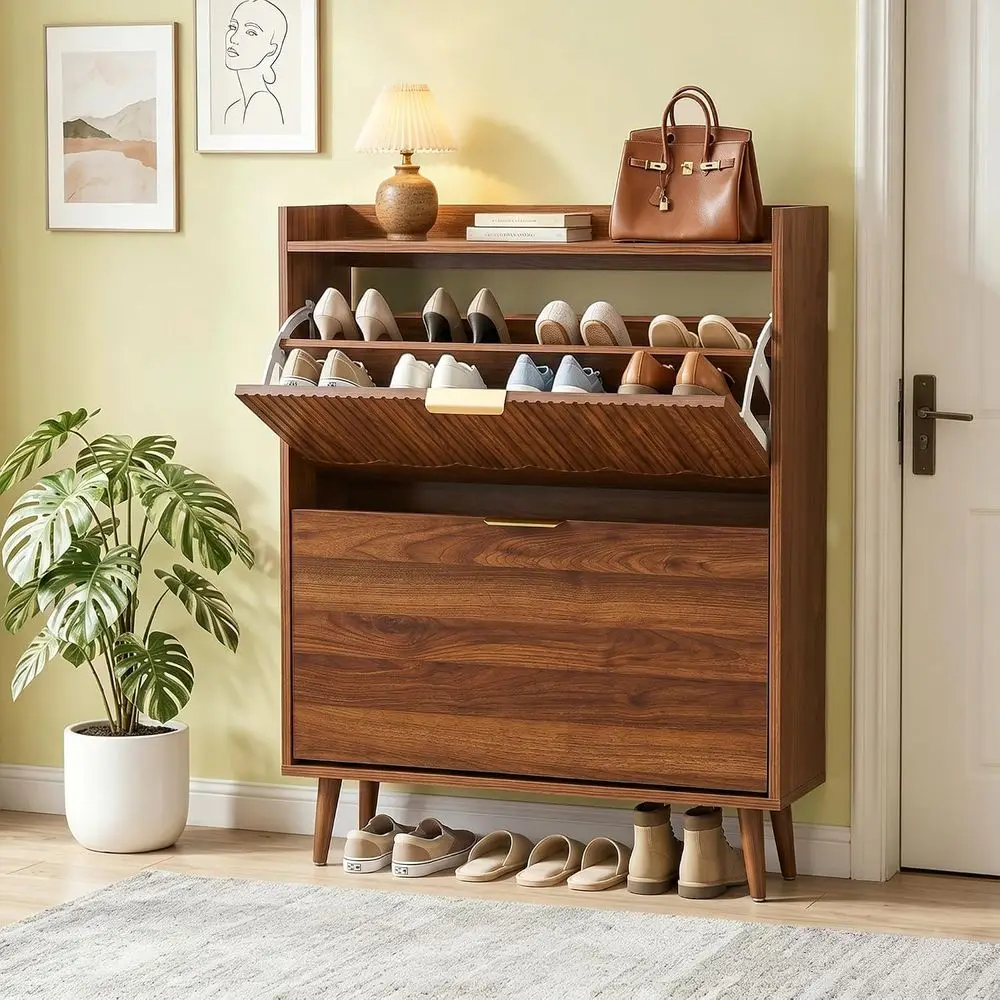 30 Slim Shoe Storage Cabinet with 2 Doors and Walnut Wave Pattern view 6