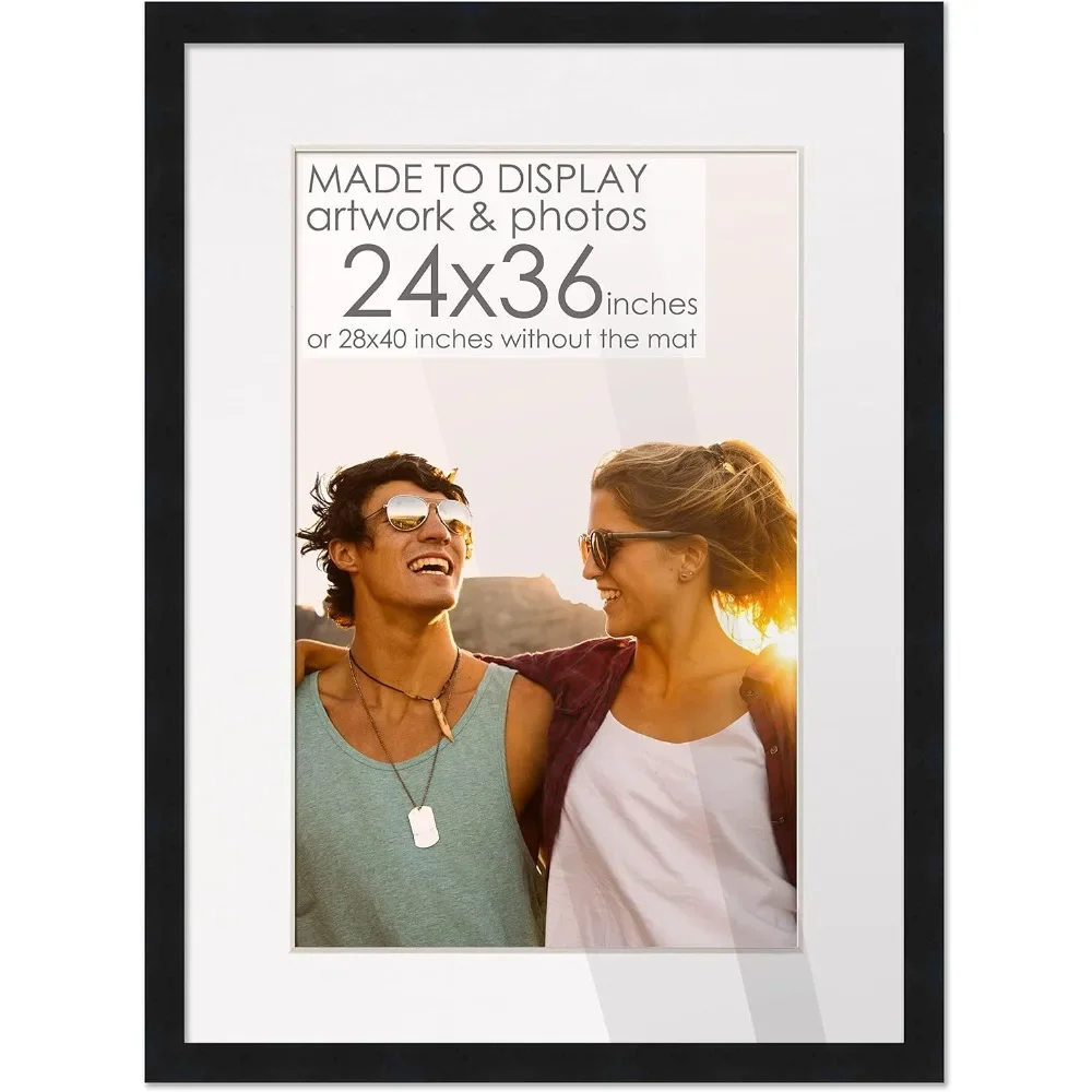 

24x36 Frame Black Wood with White Mat | 28x40 Frame Matted Display Your Picture Under UV with Foam Board Backing - Wood Frame